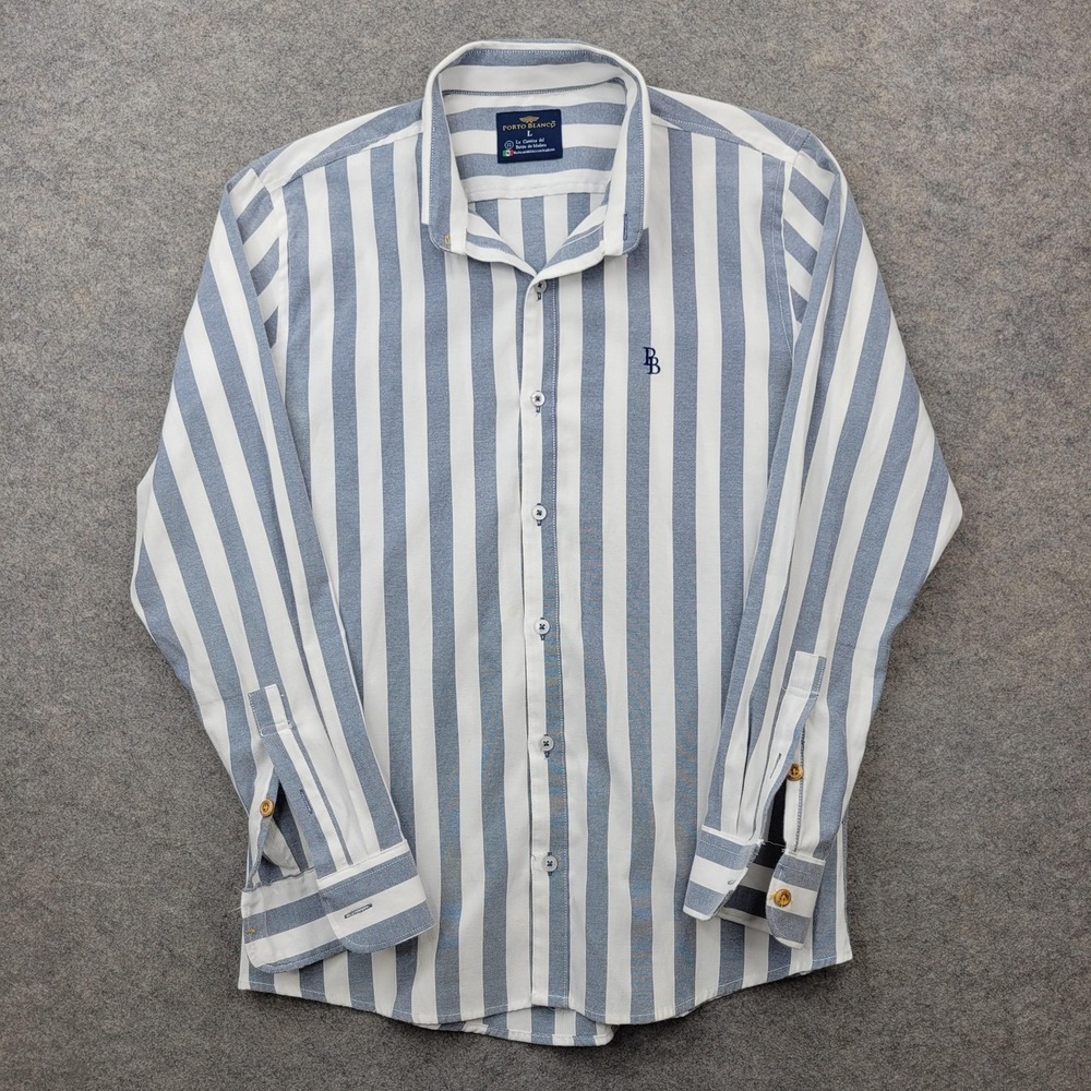 Porto Blanco Shirt Mens Large Blue Stripe Cotton Button Front Long Sleeve Casual